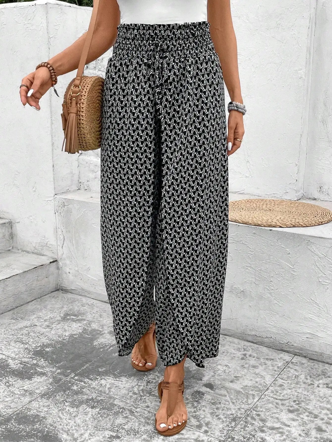 Women's Pants 2025 Summer New Fashion Floral Side Wide Leg Skirt Pants Calça Feminina Pantalon Mujer Pantaloni Lange Hosen