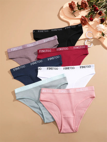 FINETOO 4Pcs Cotton Striped Underwear Women's Panties Letter Belt Briefs Ladies Low Waist Lingerie Solid Breathable Underpants