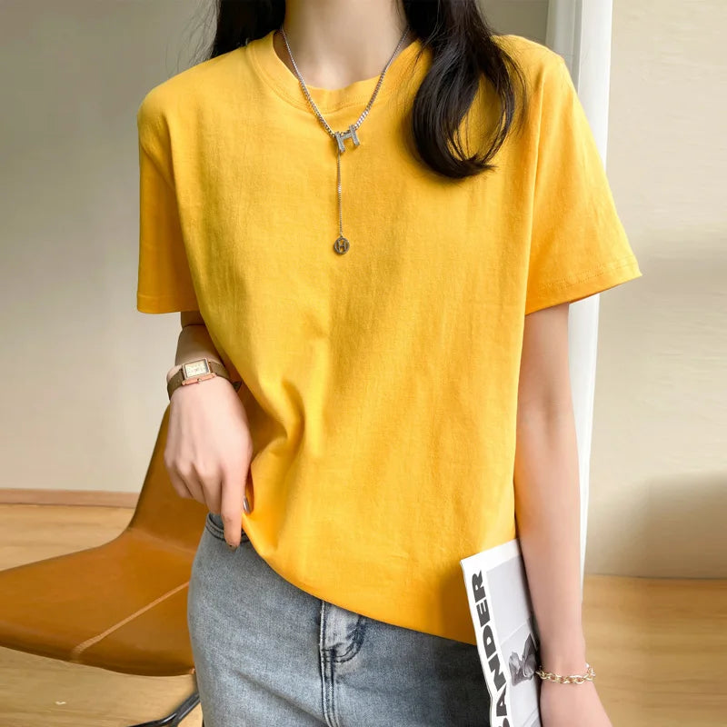 Women T-shirts 2025 Tops Solid Short Sleeve Loose O-neck  Cotton Casual Ladies Shirts Harajuku Korean Summer Woman Tshirts