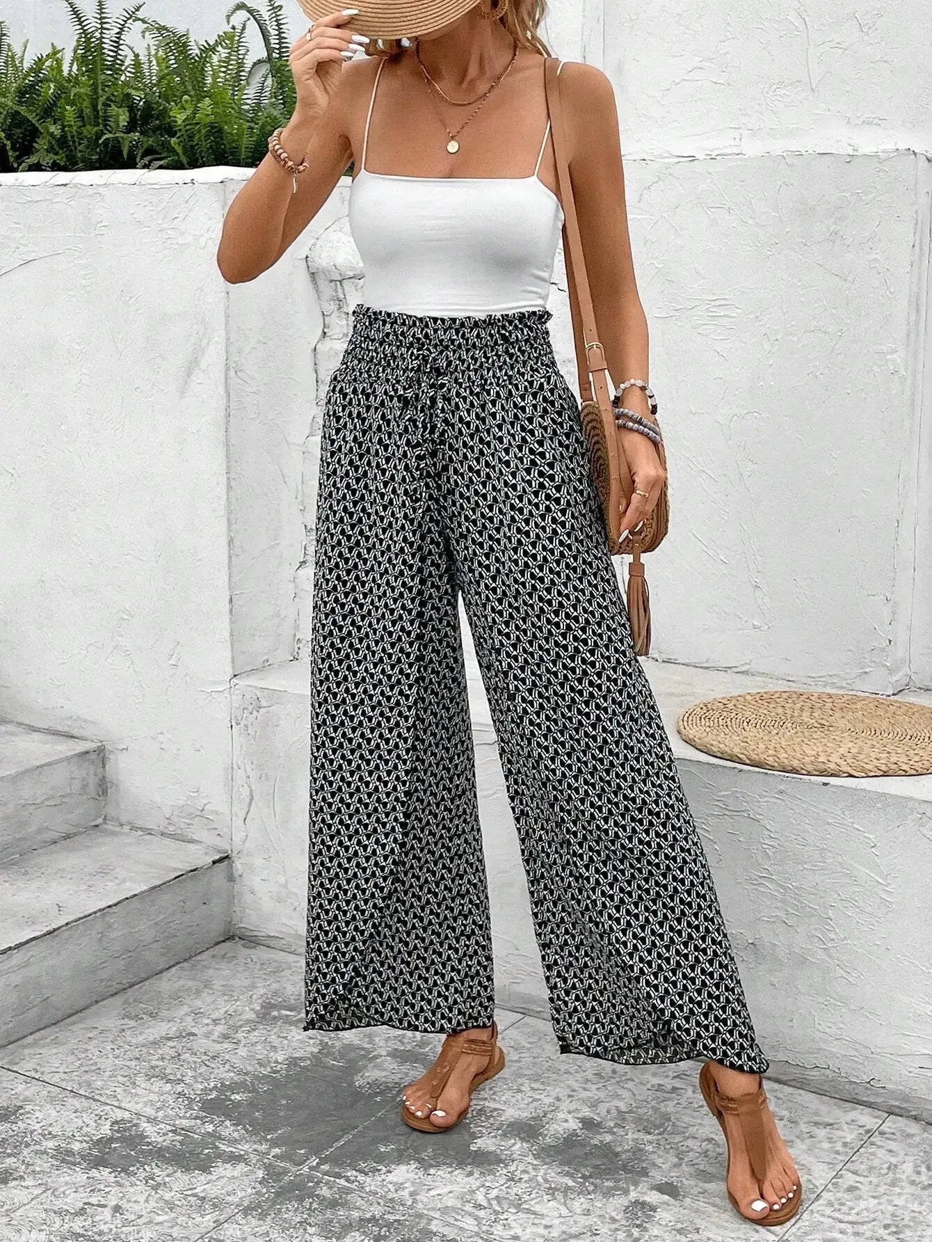 Women's Pants 2025 Summer New Fashion Floral Side Wide Leg Skirt Pants Calça Feminina Pantalon Mujer Pantaloni Lange Hosen