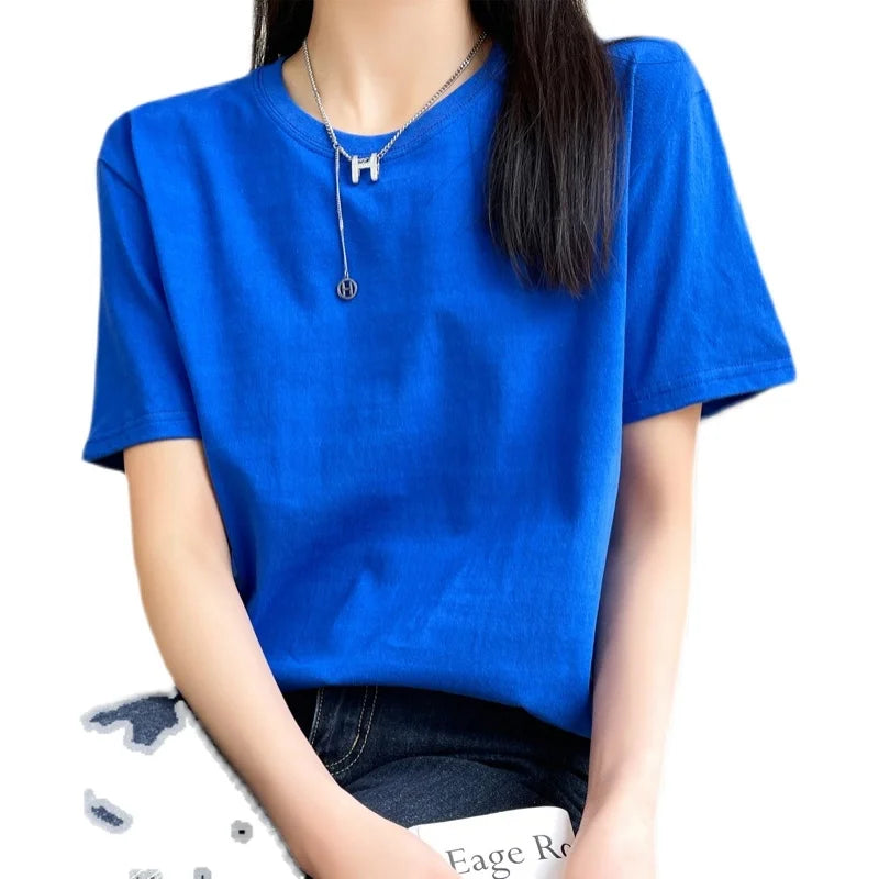 Women T-shirts 2025 Tops Solid Short Sleeve Loose O-neck  Cotton Casual Ladies Shirts Harajuku Korean Summer Woman Tshirts