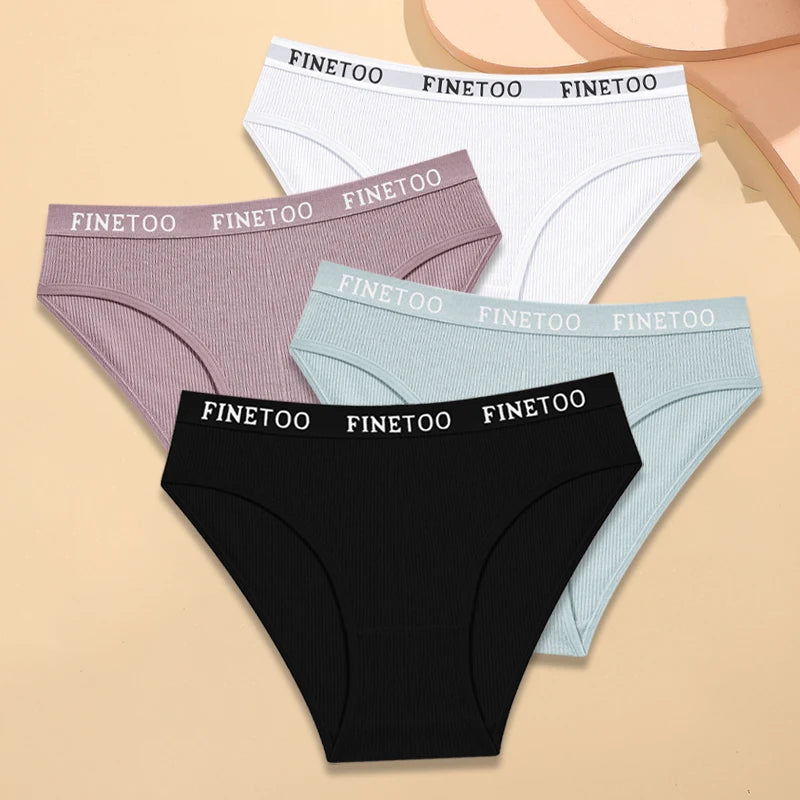 FINETOO 4Pcs Cotton Striped Underwear Women's Panties Letter Belt Briefs Ladies Low Waist Lingerie Solid Breathable Underpants