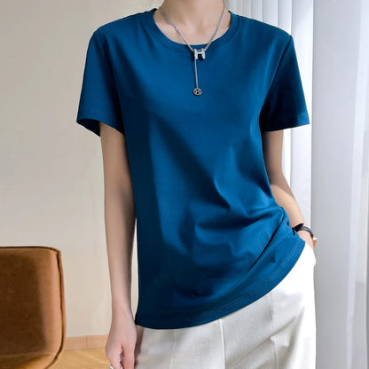 Women T-shirts 2025 Tops Solid Short Sleeve Loose O-neck  Cotton Casual Ladies Shirts Harajuku Korean Summer Woman Tshirts