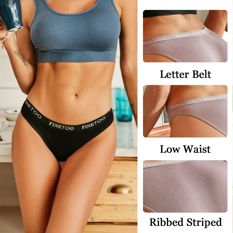 FINETOO 4Pcs Cotton Striped Underwear Women's Panties Letter Belt Briefs Ladies Low Waist Lingerie Solid Breathable Underpants