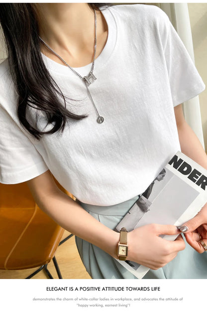 Women T-shirts 2025 Tops Solid Short Sleeve Loose O-neck  Cotton Casual Ladies Shirts Harajuku Korean Summer Woman Tshirts