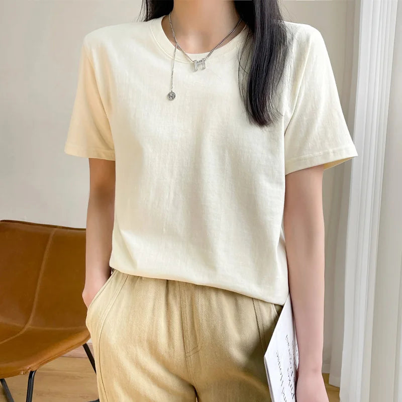 Women T-shirts 2025 Tops Solid Short Sleeve Loose O-neck  Cotton Casual Ladies Shirts Harajuku Korean Summer Woman Tshirts