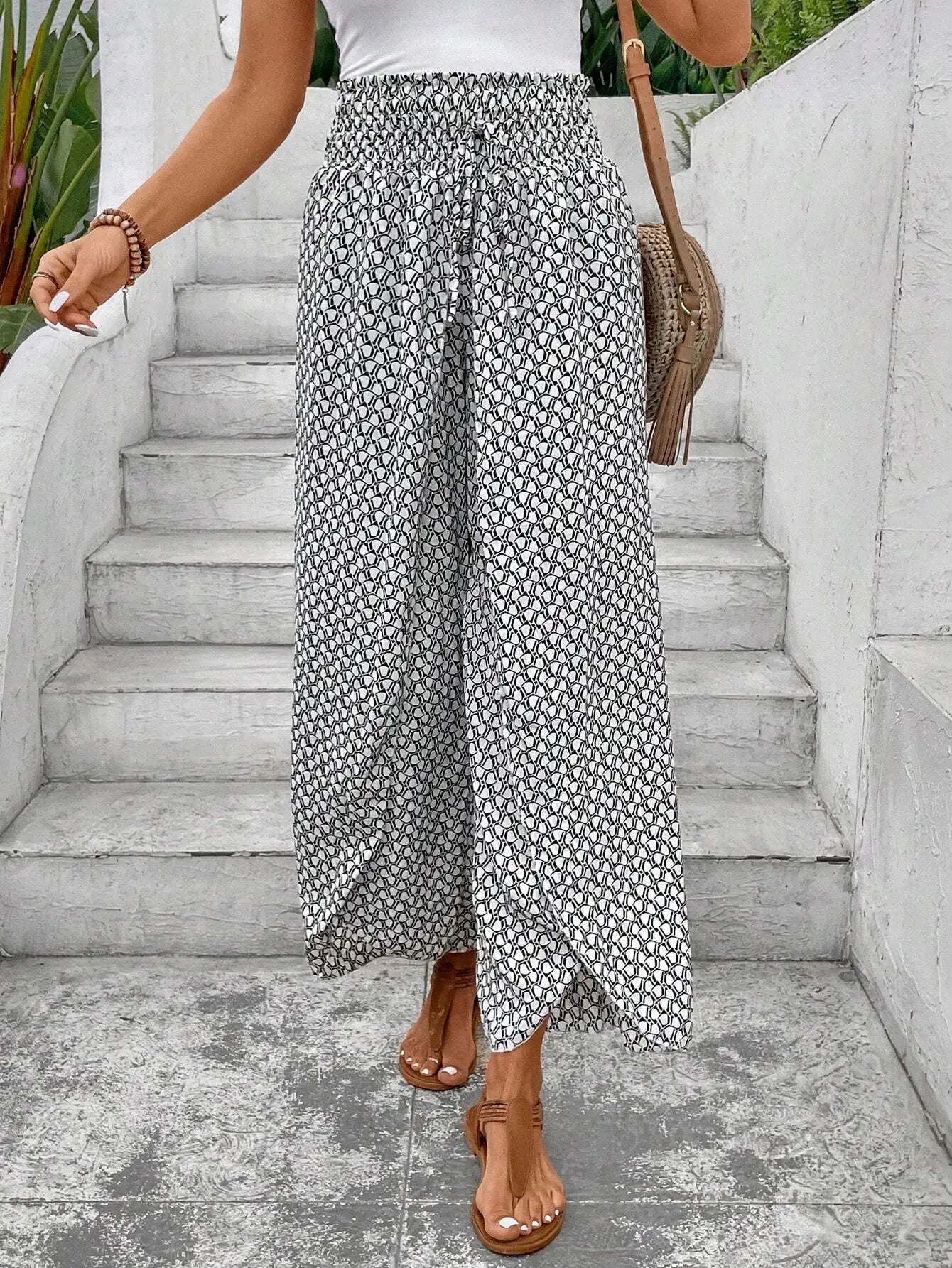 Women's Pants 2025 Summer New Fashion Floral Side Wide Leg Skirt Pants Calça Feminina Pantalon Mujer Pantaloni Lange Hosen