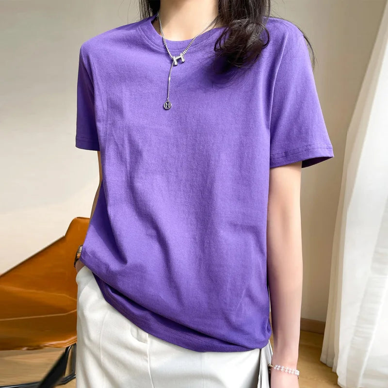 Women T-shirts 2025 Tops Solid Short Sleeve Loose O-neck  Cotton Casual Ladies Shirts Harajuku Korean Summer Woman Tshirts