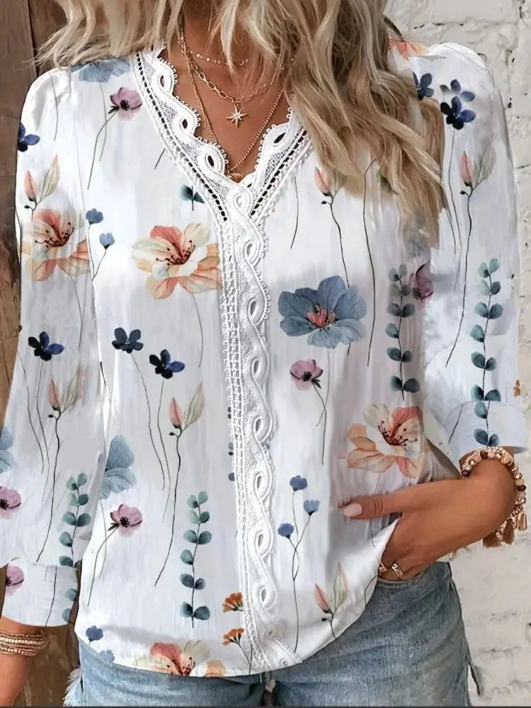 Women's Shirts Autumn Fashion Elegant Long Sleeve Print Office Lady Top White Women Ruffled Hollow Out Blouse Female Clothing