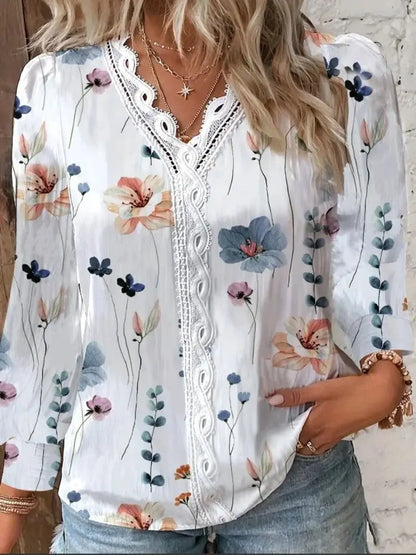 Women's Shirts Autumn Fashion Elegant Long Sleeve Print Office Lady Top White Women Ruffled Hollow Out Blouse Female Clothing