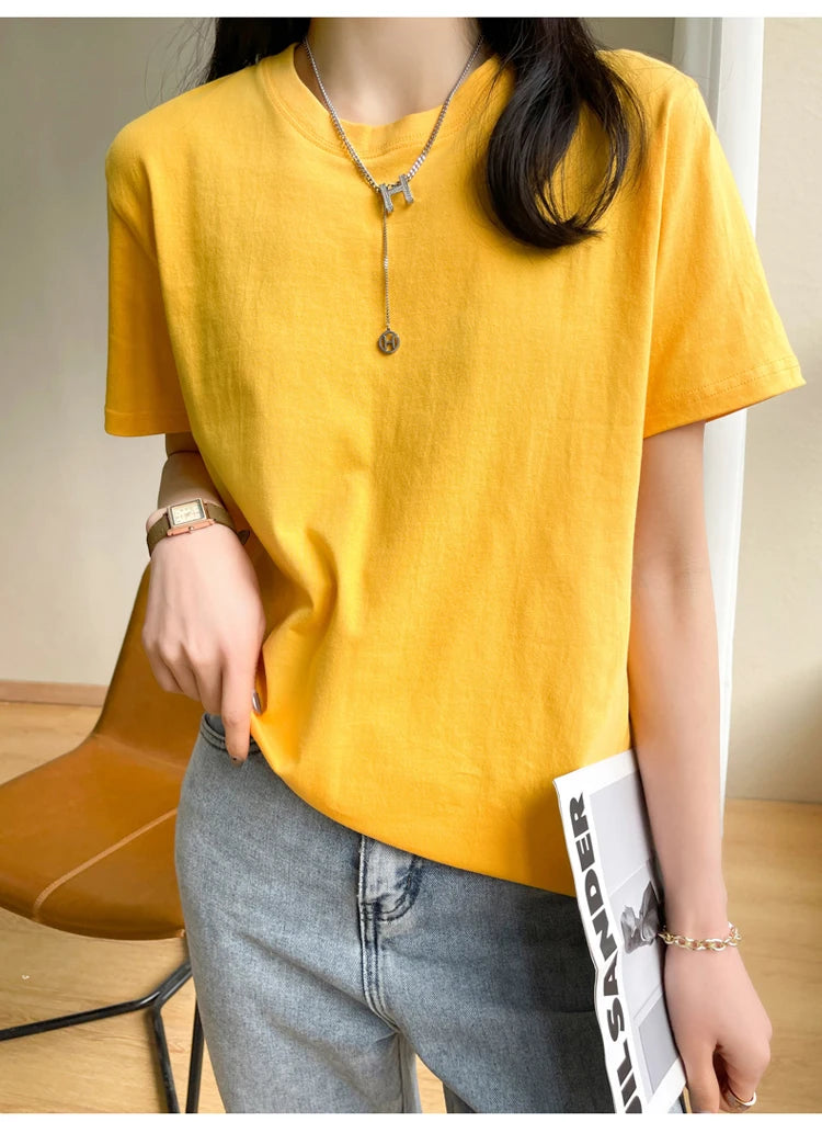 Women T-shirts 2025 Tops Solid Short Sleeve Loose O-neck  Cotton Casual Ladies Shirts Harajuku Korean Summer Woman Tshirts