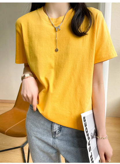 Women T-shirts 2025 Tops Solid Short Sleeve Loose O-neck  Cotton Casual Ladies Shirts Harajuku Korean Summer Woman Tshirts