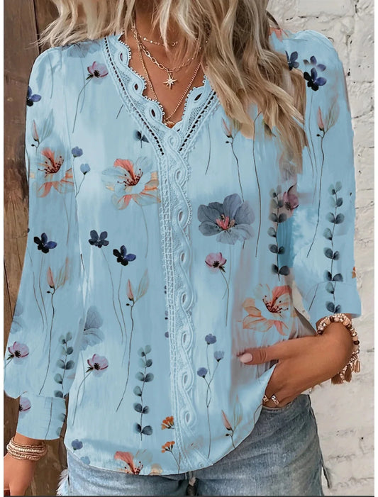 Women's Shirts Autumn Fashion Elegant Long Sleeve Print Office Lady Top White Women Ruffled Hollow Out Blouse Female Clothing