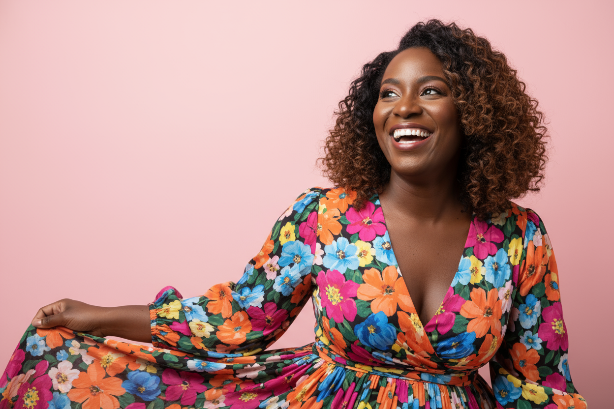 Black woman in beautiful maxi dress with colorful flowers. She's smiling and looking up. Background baby pink. Woman should be placed slightly on the didn't side of the image. The image should be a close up of the woman. 