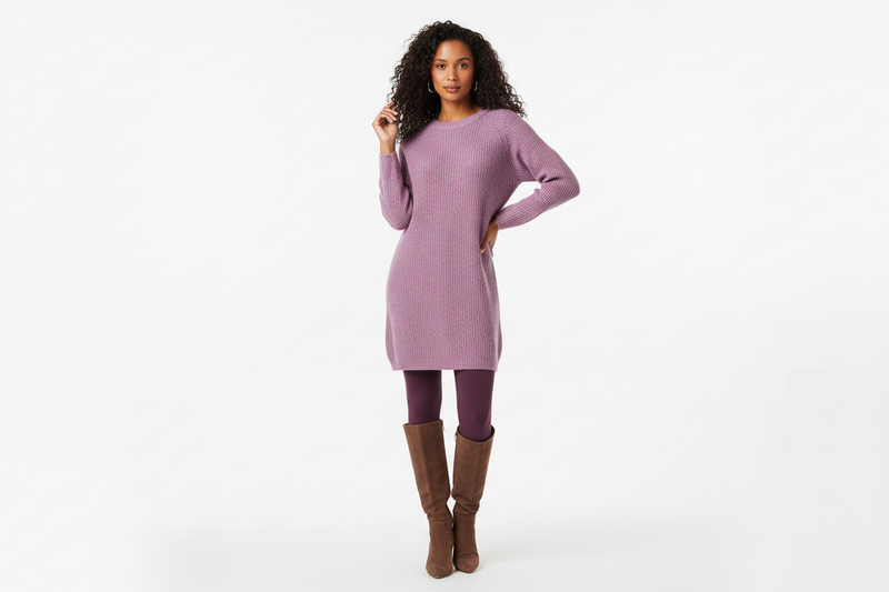 Create a beautiful ethnic woman wearing a sweater dress that is the color light purple And she's wearing leggings. Background should be white. Full body image. 