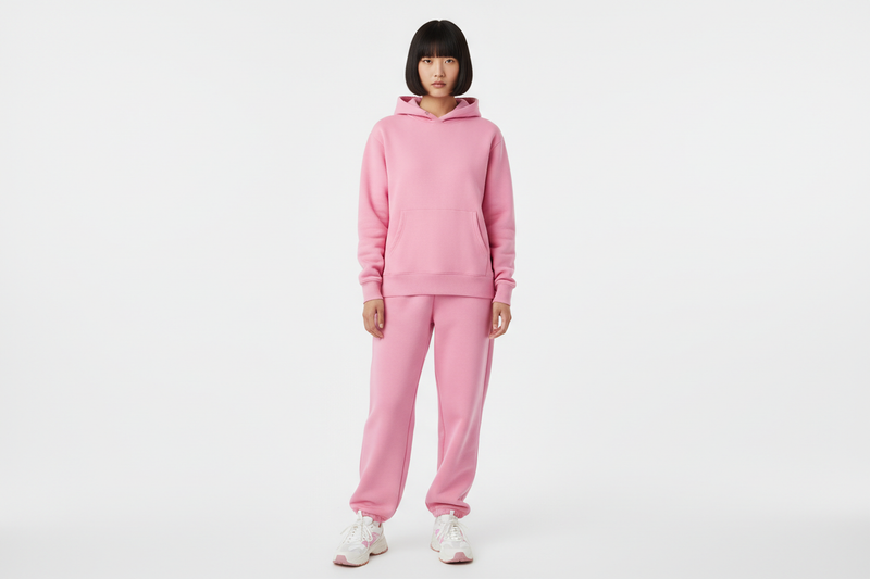Create an Asian woman with short hair and bangs wearing a pink hoodie with matching pants. Full body image. 