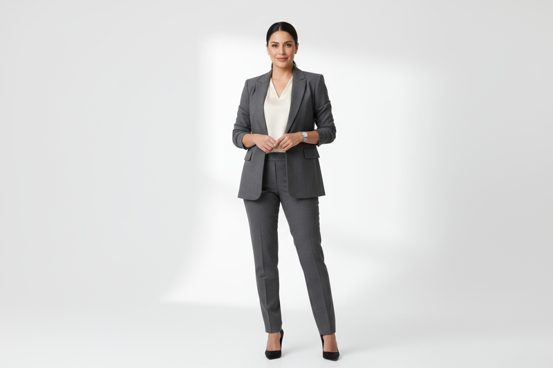 Create an image of a woman wearing a business outfit. Full body. Make her Hispanic.
