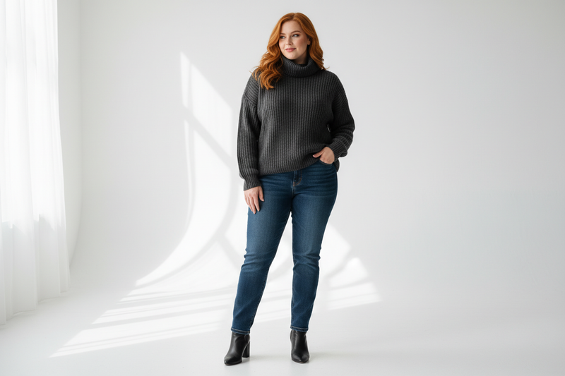 Generate an image of a plus size redhead woman wearing a dark sweater. Full body. 